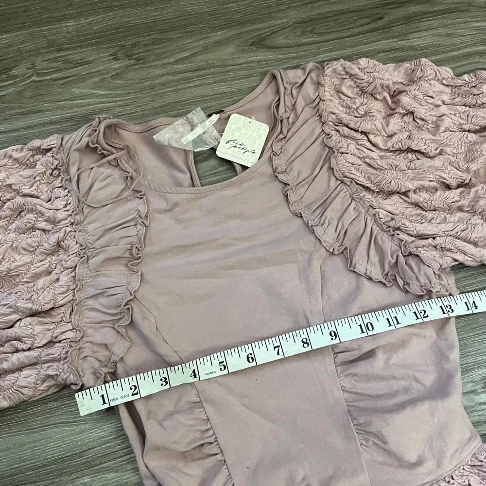 Free People Intimately Lavender Ruffle Textured Puff Sleeve Top OB2091945 S